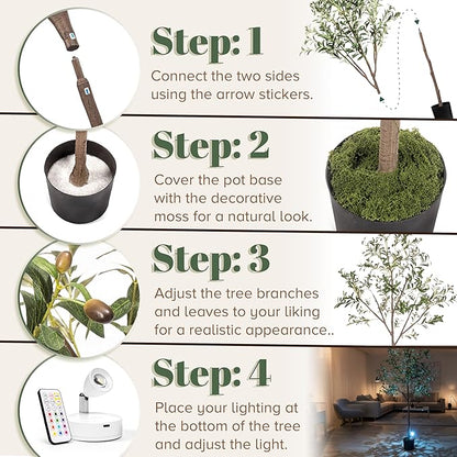 Olive Trees Artificial Indoor 7FT Tree with Rechargeable LED Spotlight, Decorative Moss & Weighted Pot – Tall Realistic Olive Plant for Home, Office, or Event Décor (7FT)