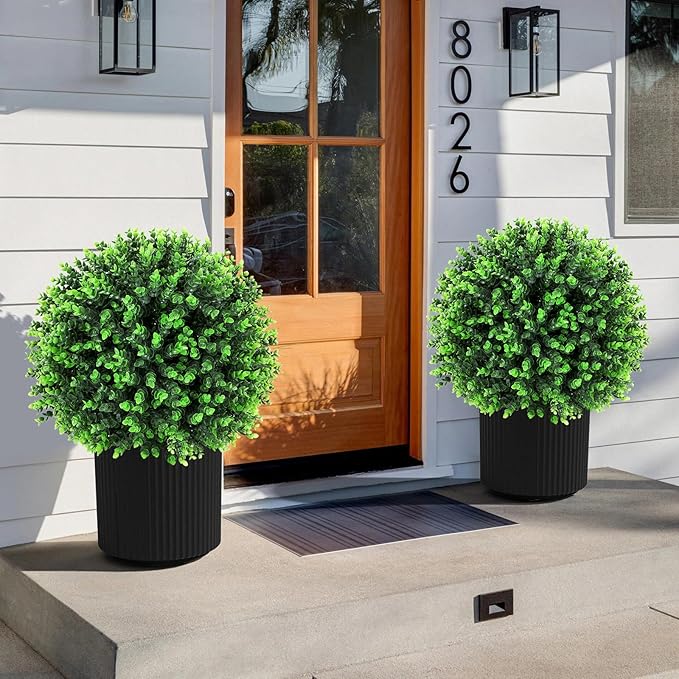 Artificial Green Eucalyptus Topiary Ball Tree 24" with Ground Spike, Set of 2 Artificial Boxwood Bushes for Faux Shrubs, Fake Evergreen Faux Plant for Indoor Outdoor Garden -UV Resistant–Fade-Proof