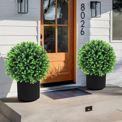 Artificial Green Eucalyptus Topiary Ball Tree 24" with Ground Spike, Set of 2 Artificial Boxwood Bushes for Faux Shrubs, Fake Evergreen Faux Plant for Indoor Outdoor Garden -UV Resistant–Fade-Proof