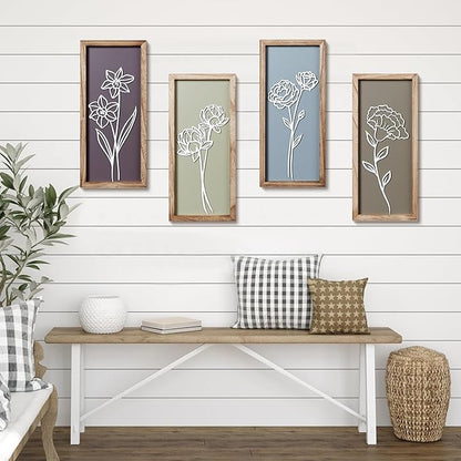 HKBS 3D Wooden Floral Wall Art, Set of 4 Framed Flowers Wall Art Sculptures, Boho Farmhouse Minimalist Decor for Bathroom Bedroom Living Room Kitchen or Office Wall Decorations Housewarming Gifts (Multicolored)