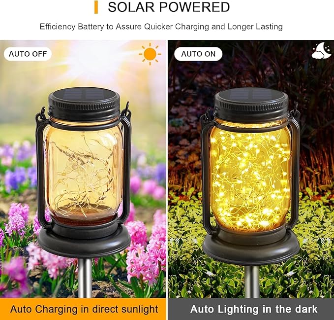 4 Pack Hanging Solar Lantern Lights,Gifts for Woman Mom Grandmom, Vintage Glass Mason Jar Solar Fairy Lights,Outdoor Decorative Waterproof Table Lamp with Stakes for Patio Yard Lawn Tree