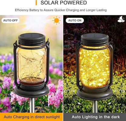 4 Pack Hanging Solar Lantern Lights,Gifts for Woman Mom Grandmom, Vintage Glass Mason Jar Solar Fairy Lights,Outdoor Decorative Waterproof Table Lamp with Stakes for Patio Yard Lawn Tree