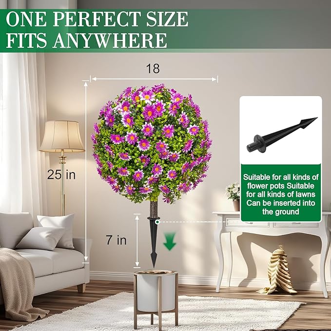 25" Artificial Boxwood Topiary Ball Trees with Purple Daisy, Fake Mums Plants with Ground Spike，Set of 2 UV Resistant Faux Bushes, Fake Shrubs for Garden, Patio, Porch, Yard, Indoor