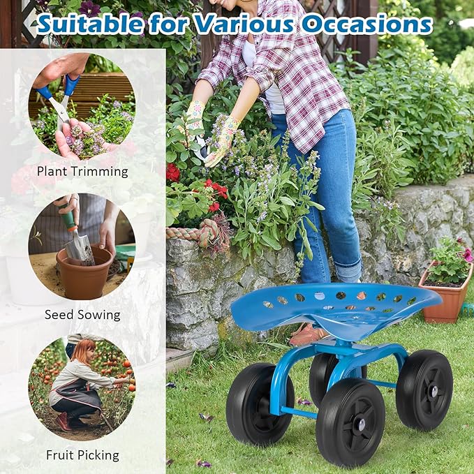 Goplus Garden Cart with Wheels, Utility Stool Cart w/Adjustable 360 Degree Swivel Seat, Outdoor Lawn Yard Rolling Work Seat, Garden Scooter for Planting (Blue)