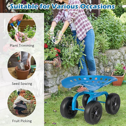 Goplus Garden Cart with Wheels, Utility Stool Cart w/Adjustable 360 Degree Swivel Seat, Outdoor Lawn Yard Rolling Work Seat, Garden Scooter for Planting (Blue)