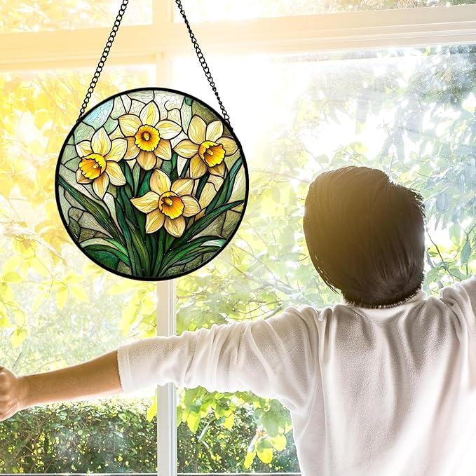 Yellows Daffodils Green Plants Suncatcher 7.8" - HD UV Print Stained Glass Window Hanging Sun Catcher Door Garden Home Decor Birthday Mother's Day for Mom Men Woman Nana