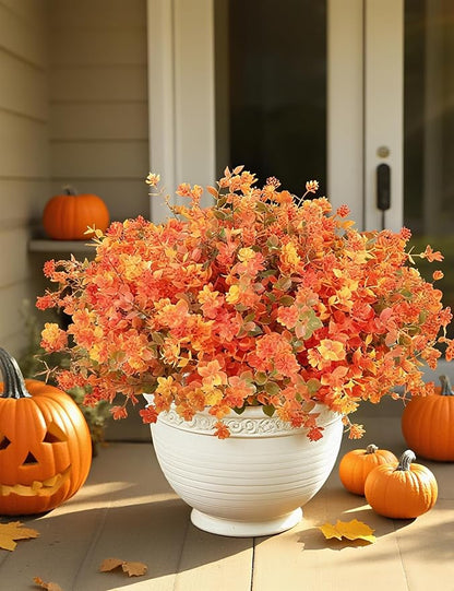 16 Bundles Artificial Flowers for Fall Outdoors Decoration - Fake Mums Faux Artificial Plants Plastic Shrubs Flower No Fade for Harvest Halloween Thanks Giving Day Decor