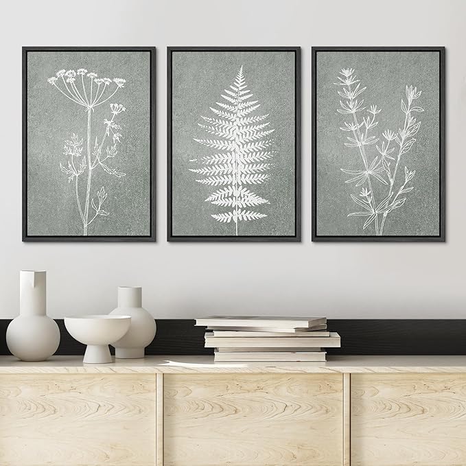 Ashbrook Framed Canvas Print Wall Art Set Green Forest Flower Plant Silhouette Nature Wilderness Illustrations Modern Art Rustic Chic Colorful for Living Room, Bedroom, Office - 24"x36"x3 Black