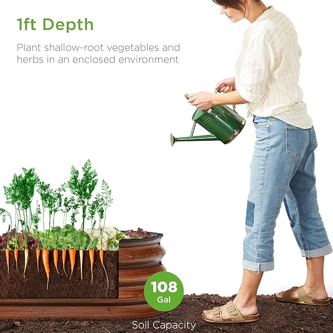 Best Choice Products 8x2x1ft Outdoor Metal Raised Garden Bed, Oval Deep Root Planter Box for Vegetables, Flowers, Herbs, and Succulents w/ 108 Gallon Capacity - Wood Grain