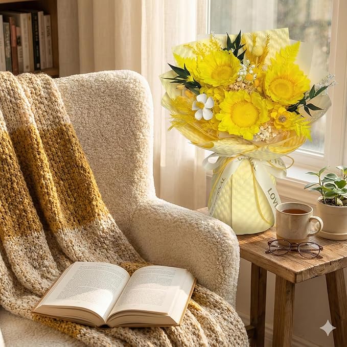 Vaanshie Yellow Preserved Sunflower Bouquet – Long Lasting Eternal Flowers Gift for Her, Valentine’s Day, Birthday, Anniversary & Bright Home Décor