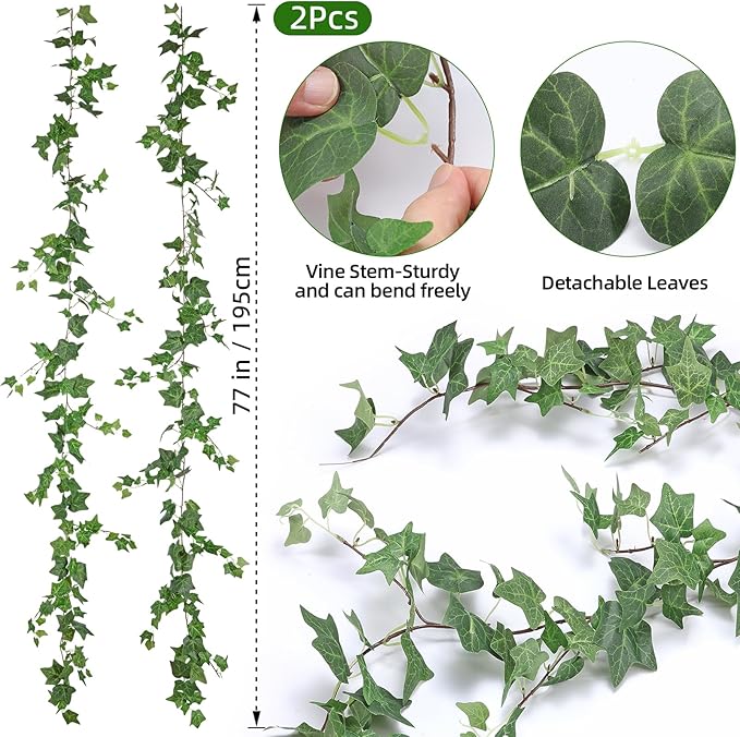 2 Strands Artificial Ivy Vines Garland, Fake Vines for Bedroom with Silk Green Leaves Faux Ivy Garland Greenery, Christmas Home Classroom Decor Garden Wedding Party Wall Aesthetic