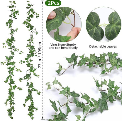 2 Strands Artificial Ivy Vines Garland, Fake Vines for Bedroom with Silk Green Leaves Faux Ivy Garland Greenery, Christmas Home Classroom Decor Garden Wedding Party Wall Aesthetic