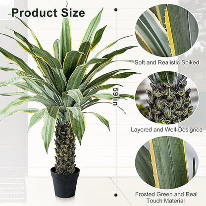 Artificial Agave Plant Potted Plants for Indoor Outdoor Fake Agave Tree in Pot Realistic Faux Tree with 42 Leaves for Home Living Room Office Garden Front Porch Patio Decor (61inch-1 Pc Potted Yellow)