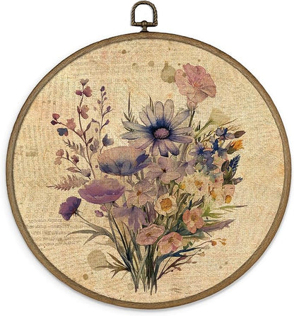 MAQIKA Vintage Flower Framed Wall Art Decor, Wildflower Wall Art, Farmhouse Botanical Round Wall Hanging Decor, Boho Purple Floral Canvas Prints Wall Art for Dorm Room Kitchen Bathroom, 10x10 Inch