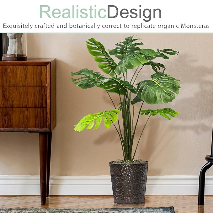 2.8ft Faux Monstera Deliciosa - Realistic Fade Resistant Foilage, No Maintenance, Large Indoor Artificial Plant in Copper Metal Pot - Living Room, Home & Office Decor