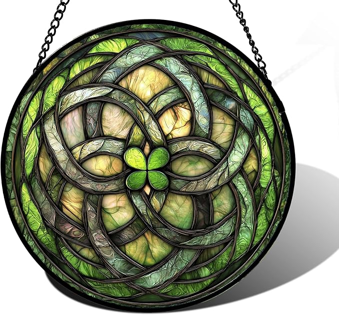 Stained Glass Window Hanging, Abstract Green Clover Sun Catchers Colorful Glass Panel Bless Suncatcher Decor for Birthday for Women, Men, Wife, Aunt, and Mom 9.8 in