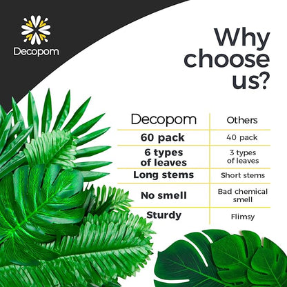 Decopom Artificial Palm Leaves 60-108 Pack - 6 Kinds Large Small Green Fake Palm Leaf with Stems for Safari Jungle Hawaiian Luau Party Table Decoration Wedding Birthday