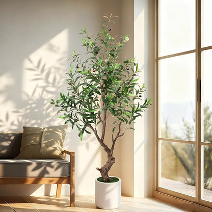 Fake Tree Faux Olive Tree with White Tall Planter Tall Fake Plant 5 Feet Tall Faux Trees Indoor Olive Trees Artificial Indoor Suitable for Home Decoration Hotel Dining Room Office Decoration