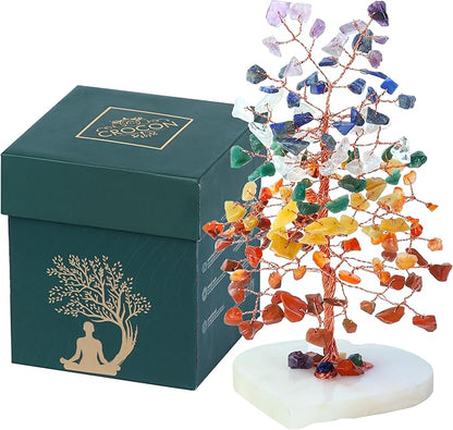 Crocon Crystals Heart Base Tree 7 Chakra Healing Stones Reiki Crystals Tree Life Spiritual Meditation Energy Home Room Office Desk Decor Pink Gifts for Women Men & Mom Birthday Present