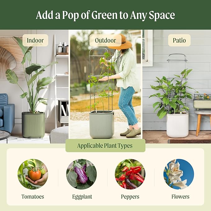Vego garden Self Watering Pots Home Planters with Water Gauge for Effortless Indoor Plants Fog Gray No Trellis