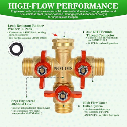 3 Way Hose Splitter, Solid Brass High Volume 3 Way Hose Splitter Valve with Metal Handle, Heavy Duty High Flow Spigot Splitter with Shut off Valve, 3/4 Inch Garden Tap Splitter