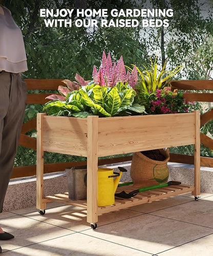 CABIHOME 48x24x32-in Wooden Raised Garden Bed, Planter Box with Legs, with Bed Liner and Bottom Shelf Flowers, Veggies, Herbs for Backyard, Patio, Balcony, Natural