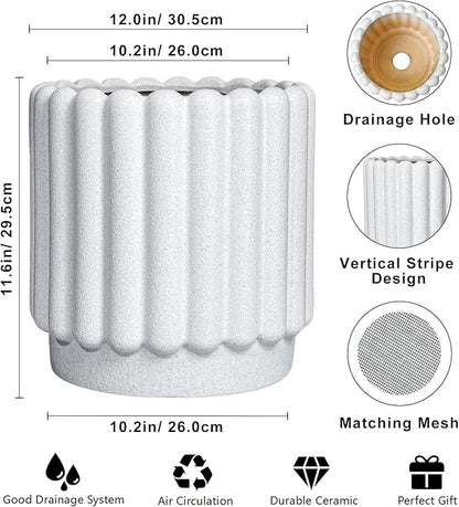 Ceramic Flower Pots - 12 Inch Plant Pot Indoor Outdoor, Fluted Large Ceramic Planters with Drainage Hole, Modern Round Planters, Apartment Decor, Plant Lover Gifts, White