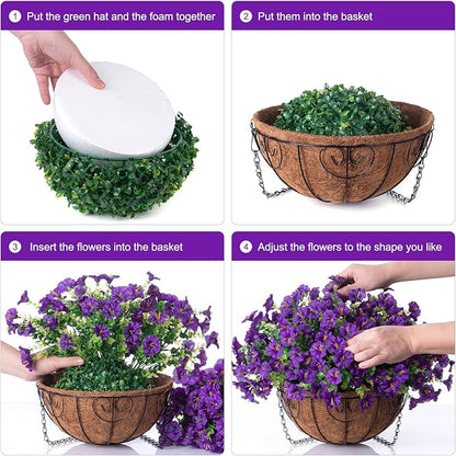 Artificial Fake Hanging Plants Flowers Basket for Outdoors Spring Summer Decoration, Silk Purple Morning Glory Eucalyptus UV Sun Resistant Realistic Faux Flowers for Outside Porch Patio Balcony Home