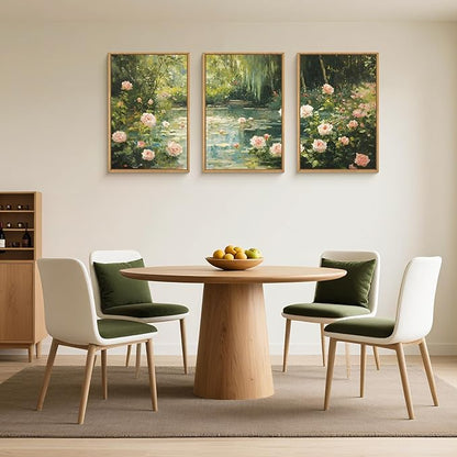 Watercolor Flower Tree Framed Canvas Wall Art Set,Natural White Pink Rose Wildflower Wall Decor,Vintage Dark Green Botanical Artwork for Living Room, Bedroom,Farmhouse- 16"x24"x3