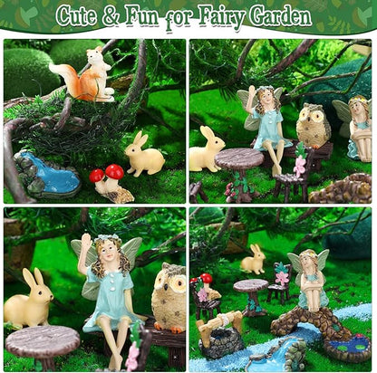 Roowest 19 Pcs Miniatures Garden Fairies Kit Garden Accessories Miniatures Bunny Squirrel Owl Animals Cute Tiny Mushroom Mini Pond Bridge Figurine for DIY Home Micro Landscape Terrarium Ornaments