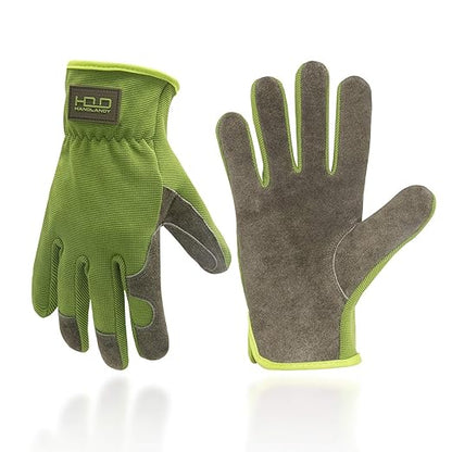 HLDD HANDLANDY Leather Work Gloves for Men & Women, Cowhide Gardening Gloves Utility Work Gloves, Mechanic Construction Driver Gloves (M, Green)
