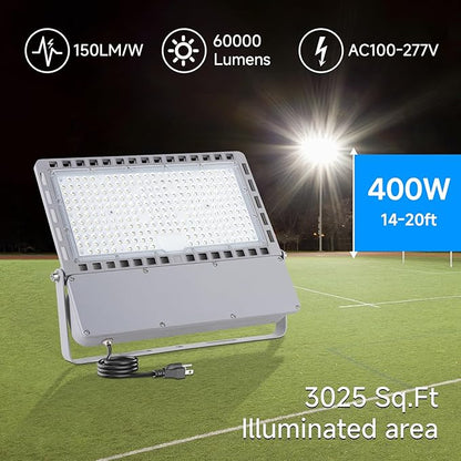 400W Led Stadium Flood Light Outdoor 60000Lm 2500W Equivalent Super Bright Commercial Area Lighting 100-277V 5000K Daylight IP66 Waterproof Arena Lights for Sport Fields and Courts