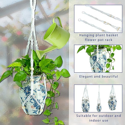 3 Pack Macrame Plant Hanger Indoor Hanging Planter Basket with Wood Beads Decorative 3 Hooks and Expansion Tube for Boho Home Decor Outdoor Different Size 23"/29"/35"
