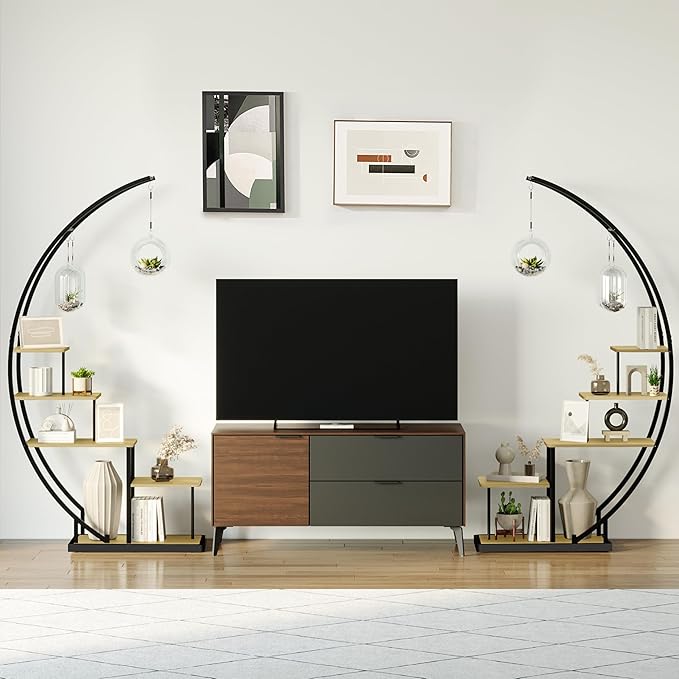 JAKE&JULIA Plant Stand, Moon 5 Tier Tall Metal Plant Shelf with 3 Hooks, Large Curved Shape Rack Plant Holder for Living Room, Garden, Patio, Balcony