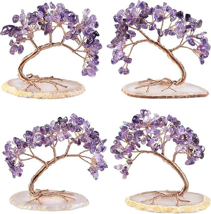 mookaitedecor Natural Amethyst Crystal Money Tree Agate Slice Base Feng Shui Bonsai Crystal Tree for Wealth Luck Desk Decor, 3-4 Inch High
