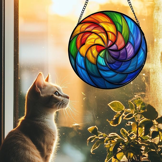 Stained Glass Window Hanging Rainbow Colored Abstract Vortex 9.8" - Suncatcher Door Garden Sun Catcher Home Decor Birthday Christmas for Woman Nana Friend Men