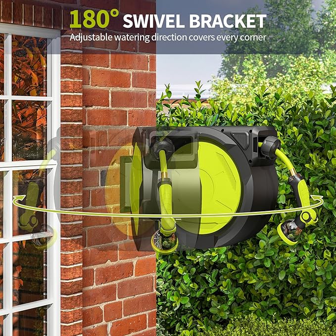 Retractable Garden Hose Reel 65ft Heavy Duty Wall Mounted Hose Holder with Automatic Rewind 180 Degree Swivel Bracket 10 Pattern Nozzle Durable PVC Hose for Yard Lawn Car Watering Cleaning