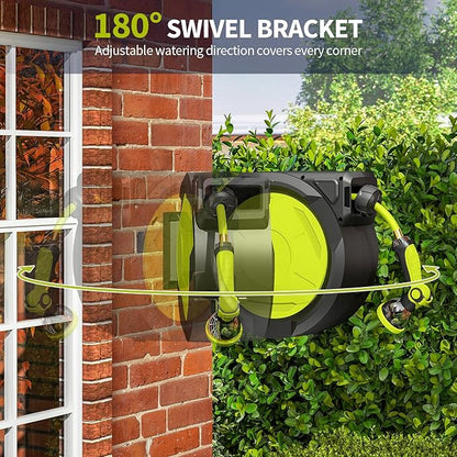 Retractable Garden Hose Reel 65ft Heavy Duty Wall Mounted Hose Holder with Automatic Rewind 180 Degree Swivel Bracket 10 Pattern Nozzle Durable PVC Hose for Yard Lawn Car Watering Cleaning
