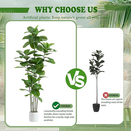 Ficus Tree Artificial Plants Indoor, 6FT Tall Fake Trees in White Pot, Large Potted Silk Floor Plant Artificial Trees, Green Lifelike Faux Ficus Tree for Home Room Office Porch Decor-Green