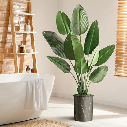 Artificial Tree in Modern Granite Effect Planter, Fake Bird of Paradise Silk Tree for Indoor and Outdoor Home Decoration - 58" Overall Tall (Plant Pot Plus Tree)