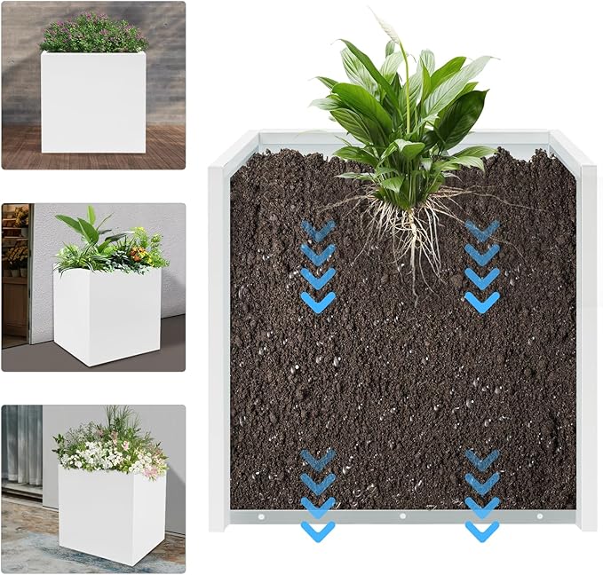 DYNAMI Square Planter Box White Steel Planter,17x17x18in Metal Planter Box Large Cube Plant Pot for Outdoor Plants,Modern Heavy Duty Flower Pot for Patio, Deck, Yard, Garden