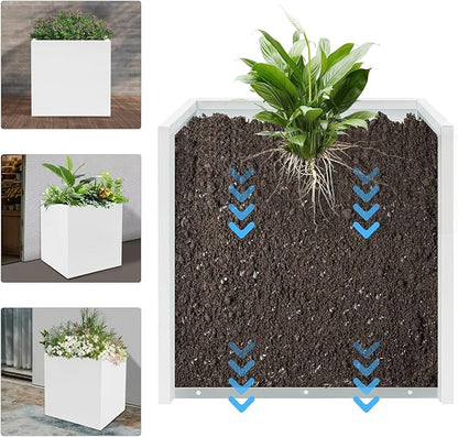 DYNAMI Square Planter Box White Steel Planter,17x17x18in Metal Planter Box Large Cube Plant Pot for Outdoor Plants,Modern Heavy Duty Flower Pot for Patio, Deck, Yard, Garden