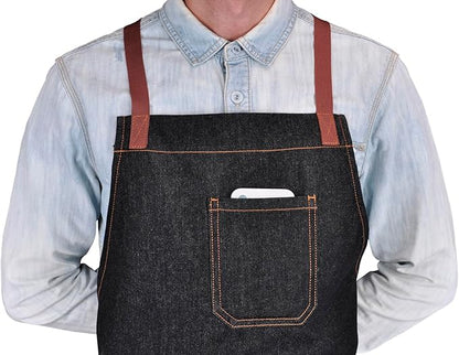 Professional Apron with Pockets, Mens Womens Chef Kitchen Bib Black Denim Apron for Cooking Grill BBQ Server, with Cross Back Straps and Towel Loop