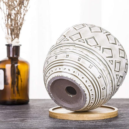 VanEnjoy 5.5 inch Large Round Bohemian Style Ceramic Planter, Geometry Engrave Off White Brown Succulent Planter Flower Pot - Indoor Outdoor Decorative Planter