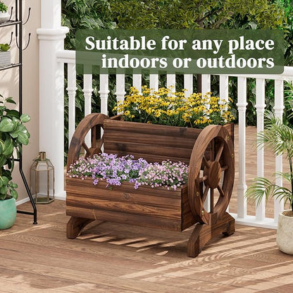 Garden Planter with Wheels, Wooden Wagon Box, Decorative Planter for Flowers Herbs Vegetables for Indoor & Outdoor Décor Flower Cart for Patio Garden Balcony (Carbonized)