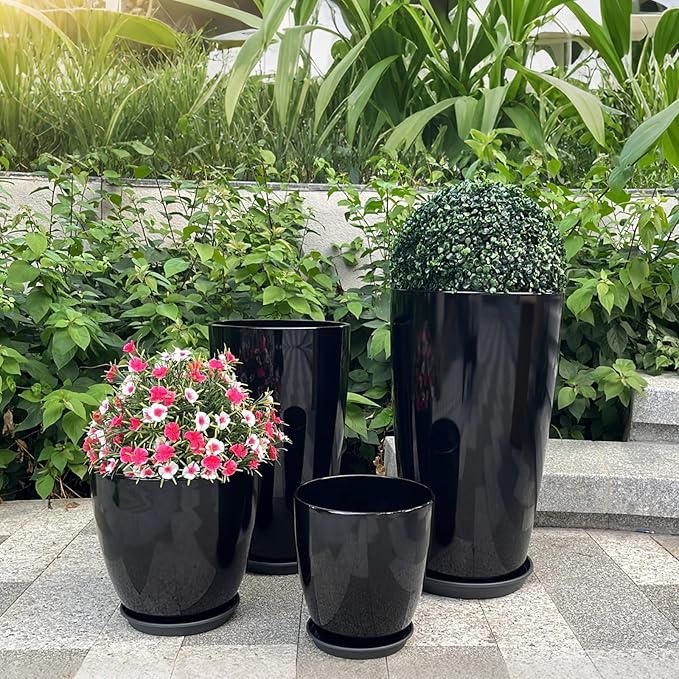 ZMTECH 24/21/12/10" H Large Plastic Planters with Drainage Hole and Saucer -Set of 4 Tall Plant Pots for Indoor & Outdoor Use,Black Glossy Smooth Lightweight Flower Pot for Front Porch Patio Deck