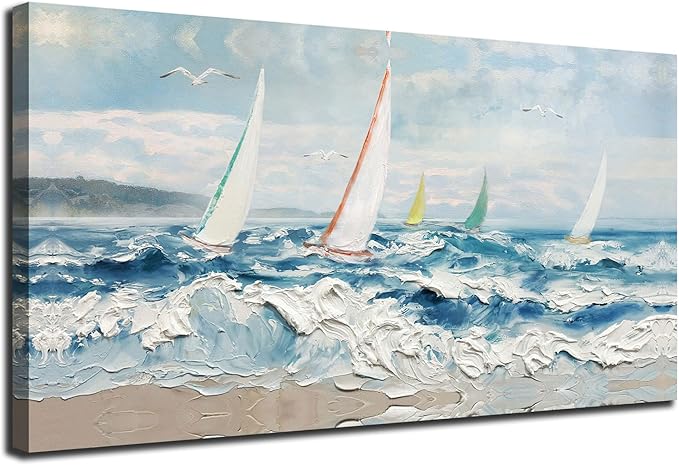 Enartly Wave 3D Textured Ocean Wall Art for Living Room Blue Seascape Sailboat Canvas Coastal Painting Artwork for Christmas Gift Bedroom Bathroom Home Office Wall Decor, Large 48"x24"