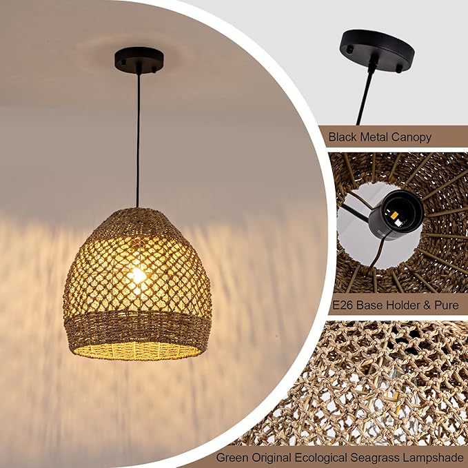 Boho Rattan Pendant Lights 13.8" Hand-Woven Farmhouse Dining Room Light Fixture Bell Ceiling Hanging Chandelier Handwoven Seagrass Lampshade for Kitchen Island Entry Living Room Bedroom Foyer