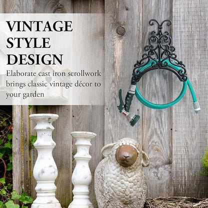 MyGift Wall Mounted Garden Hose Holder, Vintage Baroque Scrollwork Cast Iron Watering Tube Rack, Decorative Floral Pattern Hanging Hook Water Hosepipe Reel