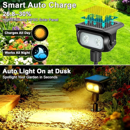 Solar Spot Lights Outdoor Waterproof IP67, Warm White Landscape Lighting with 2 Brightness Mode, Fast-Charge HPBC Panel, Spotlights for Yard, Garden, Pathway
